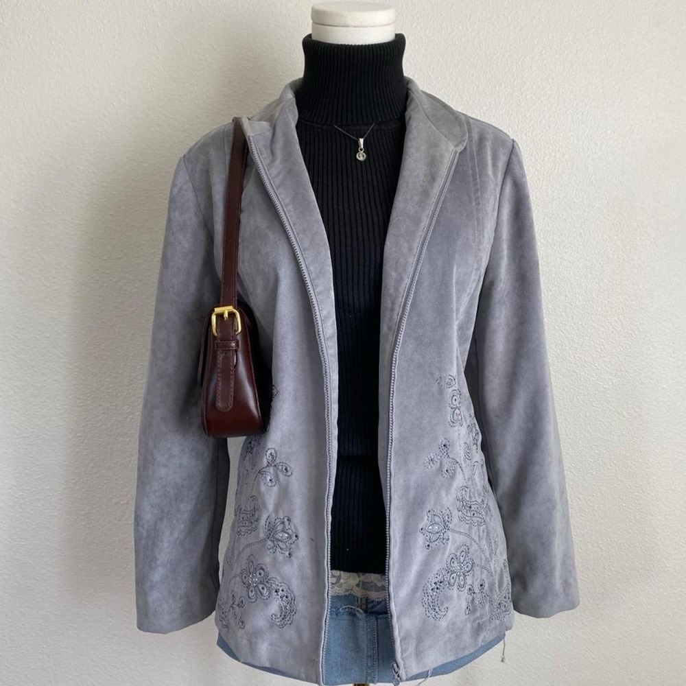 Vintage Y2K Alfred Dunner Gray Floral Embroidered Zip Up Jacket